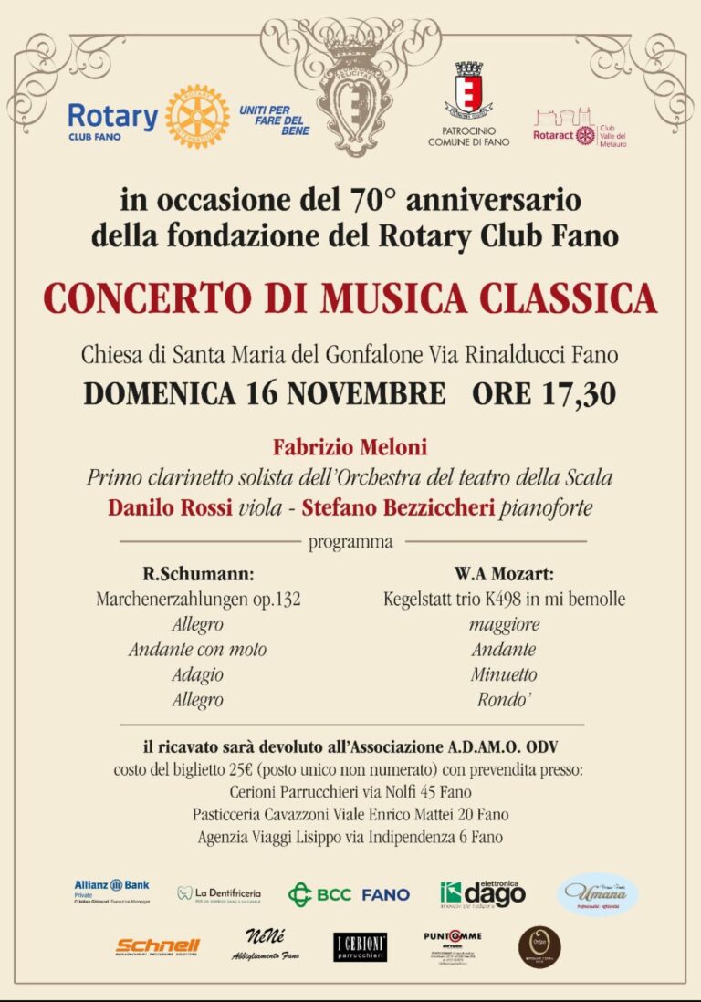 “Note di Solidarietà”: concerto per i 70 anni del Rotary Club di Fano
