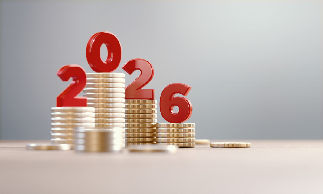 Red 2026 On Coin Stacks Before Defocused Background