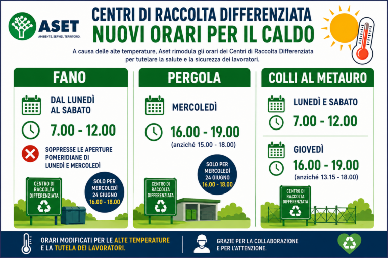 Alte temperature, Aset Spa rimodula gli orari dei Centri di Raccolta Differenziata