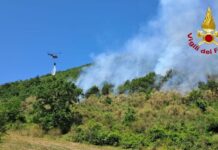 Incendio di vegetazione a Pieia di Cagli, in azione l’elicottero dei Vigili del Fuoco